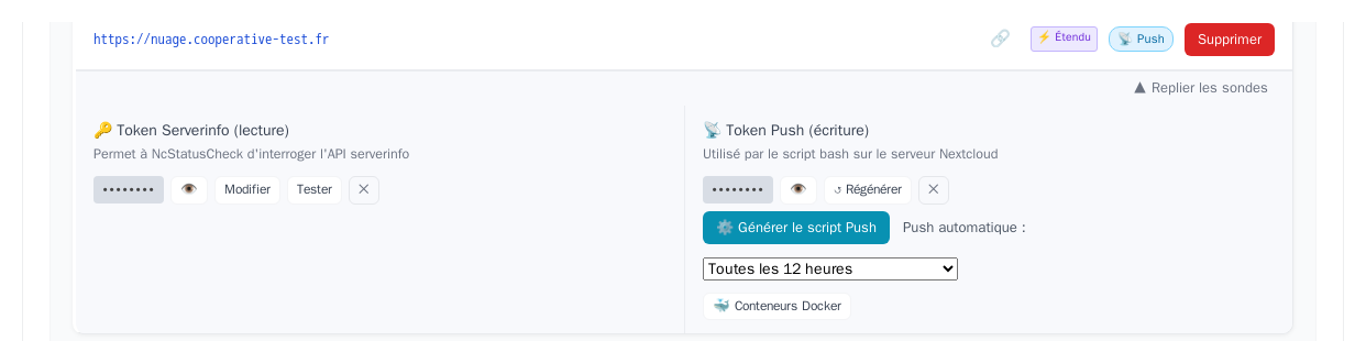 Carte serveur admin avec les deux sondes (Étendu et Push) configurées et fonctionnelles