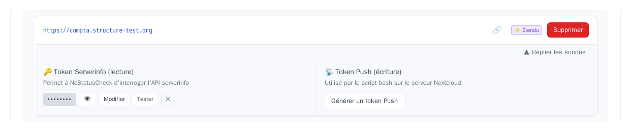 Carte serveur admin avec un token serverinfo configuré et le bouton Tester