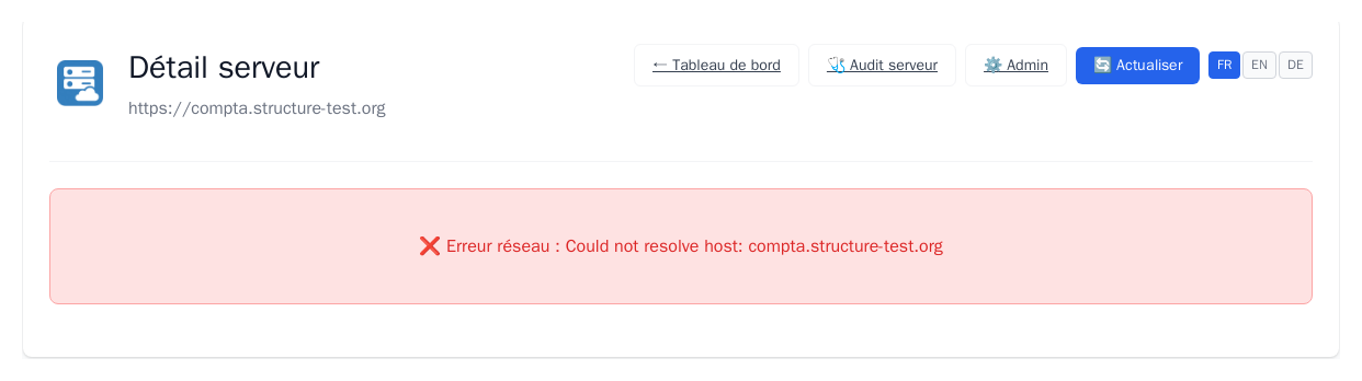 Page détail d'un serveur affichant un bandeau Erreur réseau