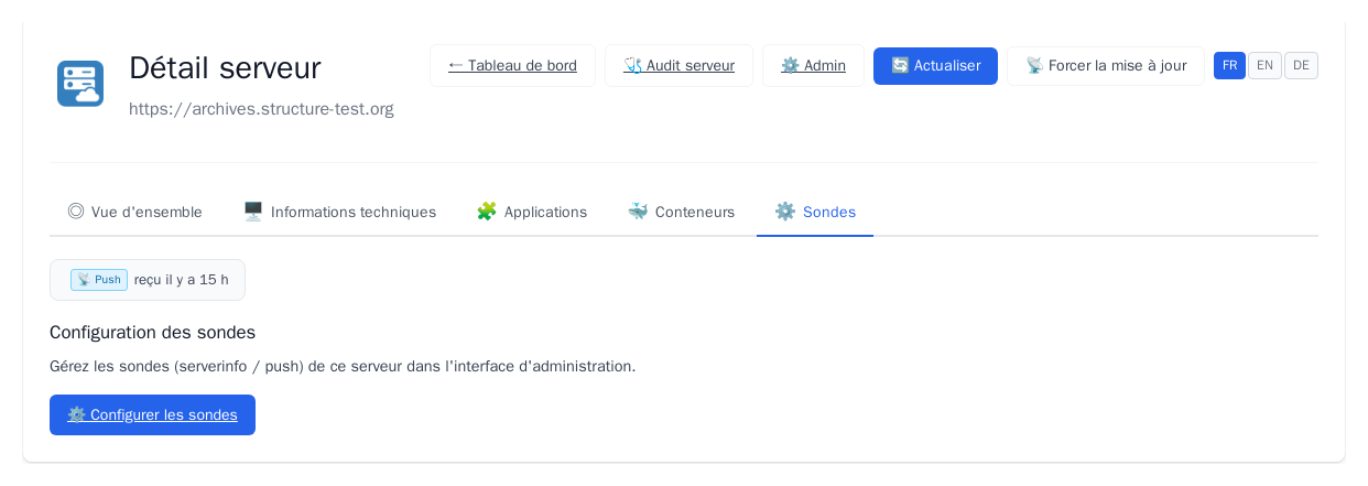Onglet Sondes de la page détail, avec le bouton Configurer les sondes vers la carte admin